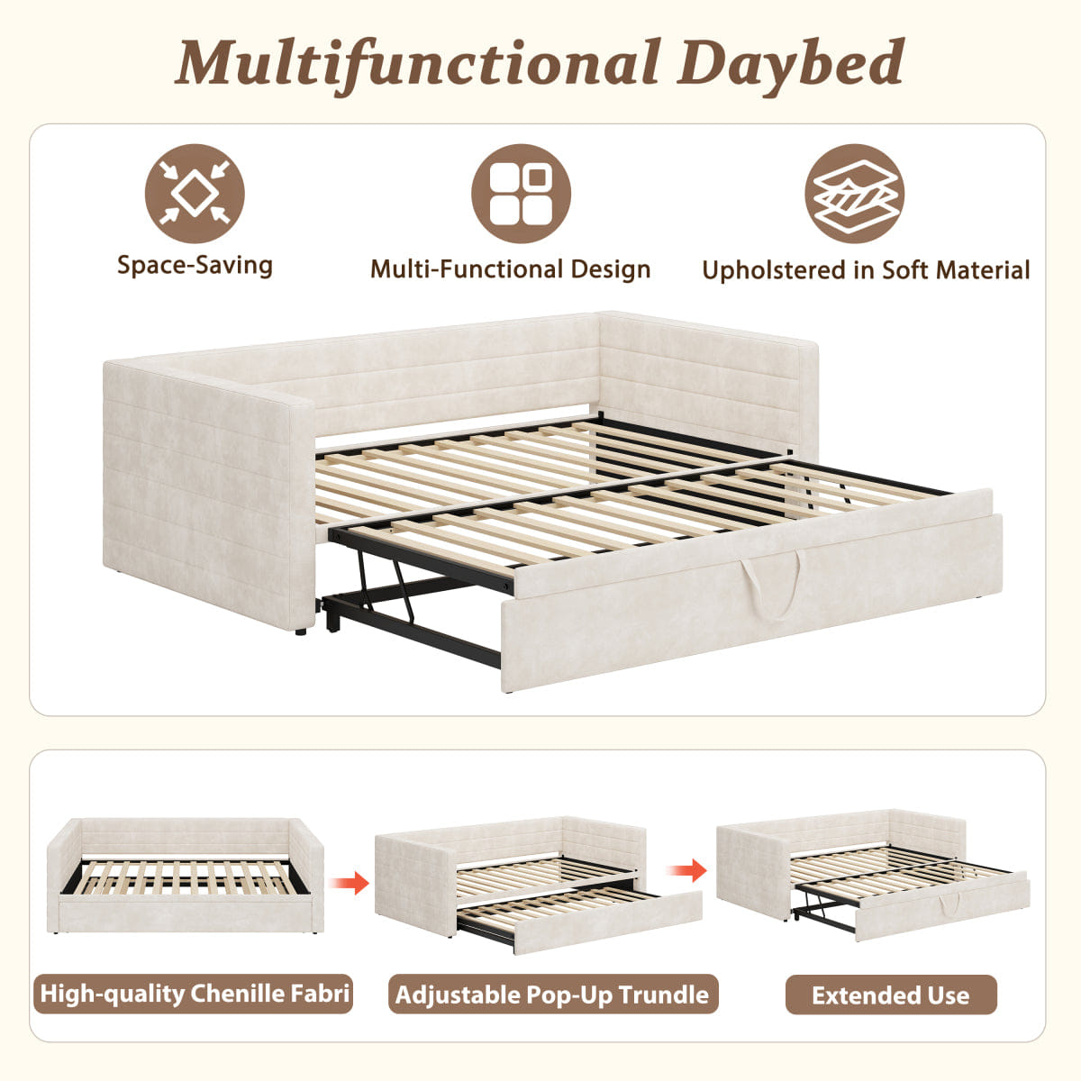 Space Streamdale Twin Upholstered Daybed with Pop - Up Trundle, Space - Saving Twin to King, Beige