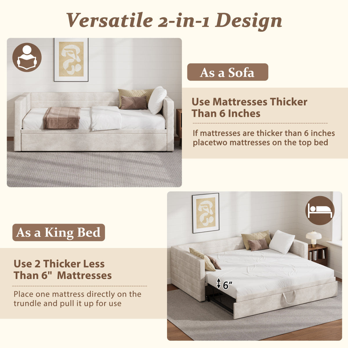 Space Streamdale Twin Upholstered Daybed with Pop - Up Trundle, Space - Saving Twin to King, Beige