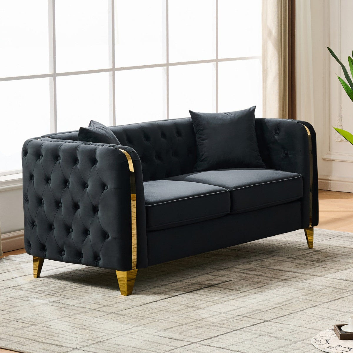 Chesterfield Streamdale 61" Velvet Chesterfield Loveseat with Gold Legs, Black