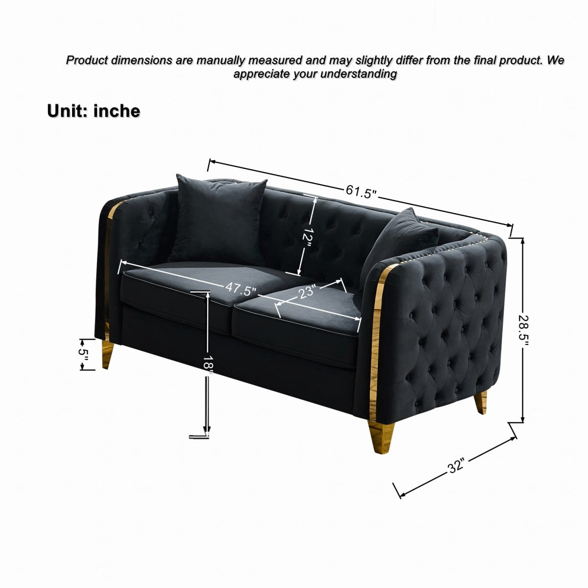 Chesterfield Streamdale 61" Velvet Chesterfield Loveseat with Gold Legs, Black