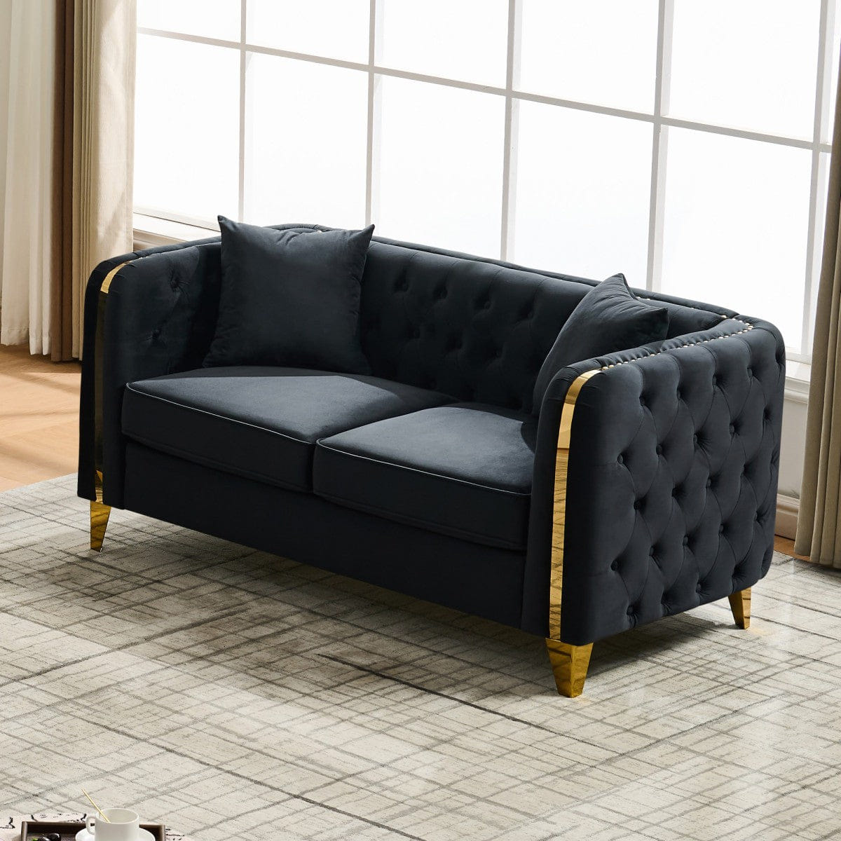 Chesterfield Streamdale 61" Velvet Chesterfield Loveseat with Gold Legs, Black