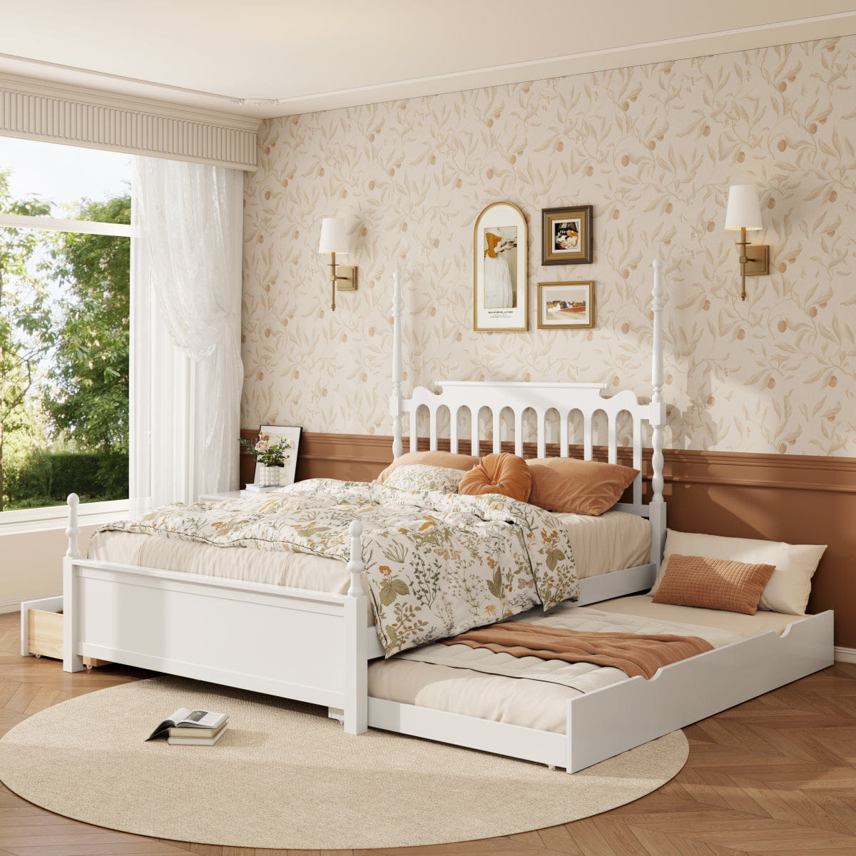 WHITE* Streamdale Queen Size Platform Bed with Twin XL Trundle and 2 Drawers, White