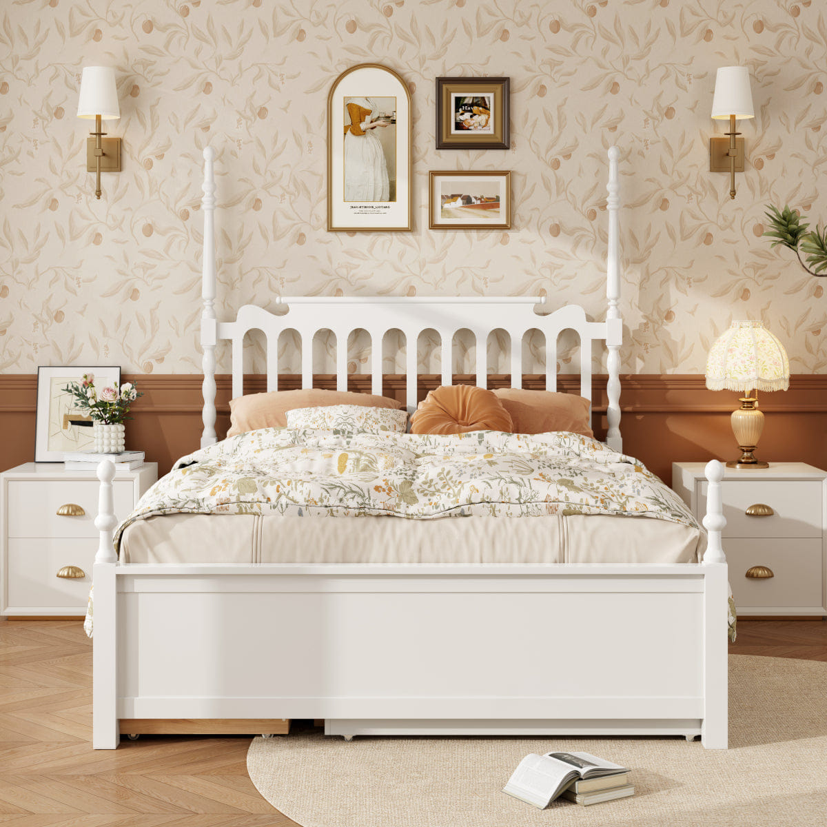 WHITE* Streamdale Queen Size Platform Bed with Twin XL Trundle and 2 Drawers, White