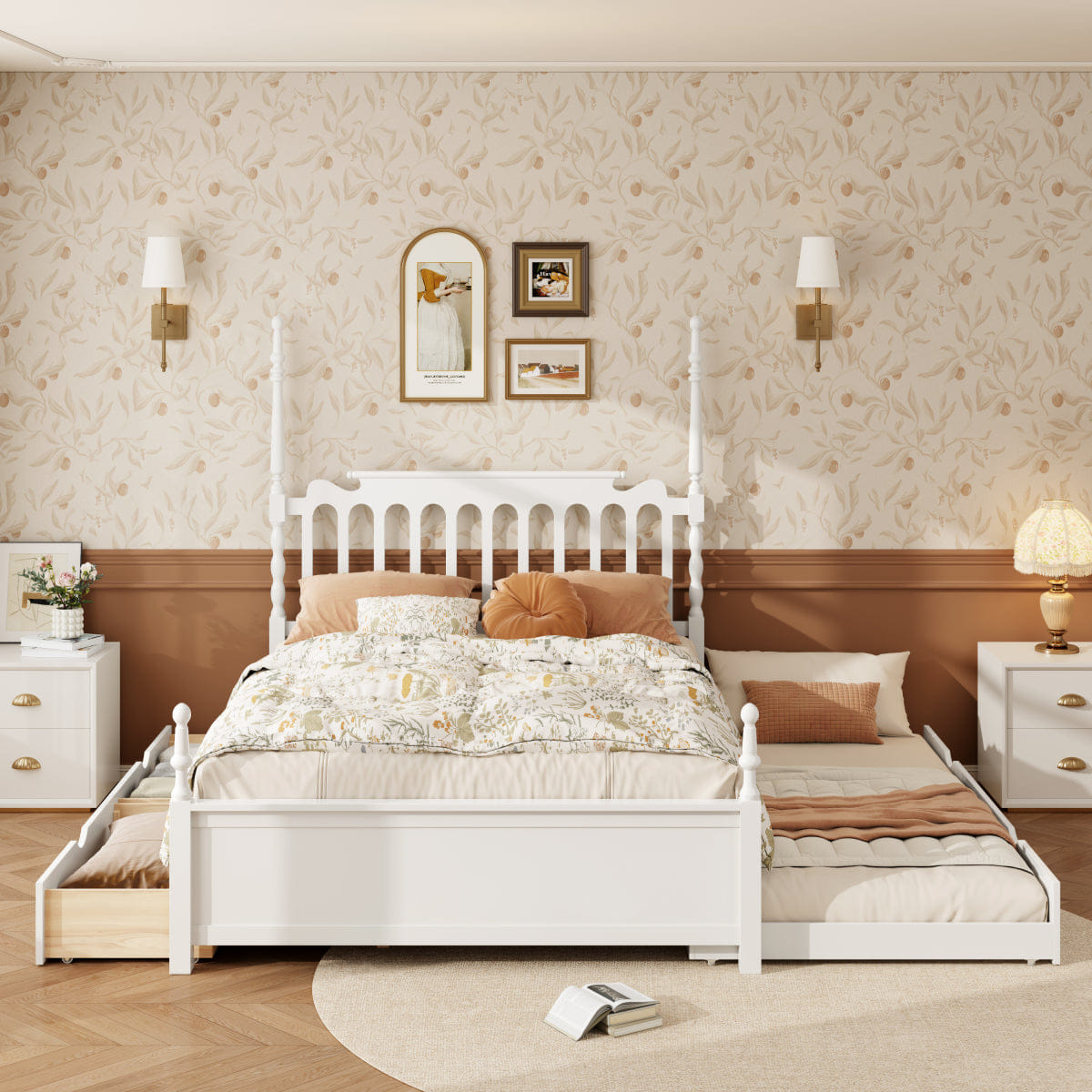 WHITE* Streamdale Queen Size Platform Bed with Twin XL Trundle and 2 Drawers, White