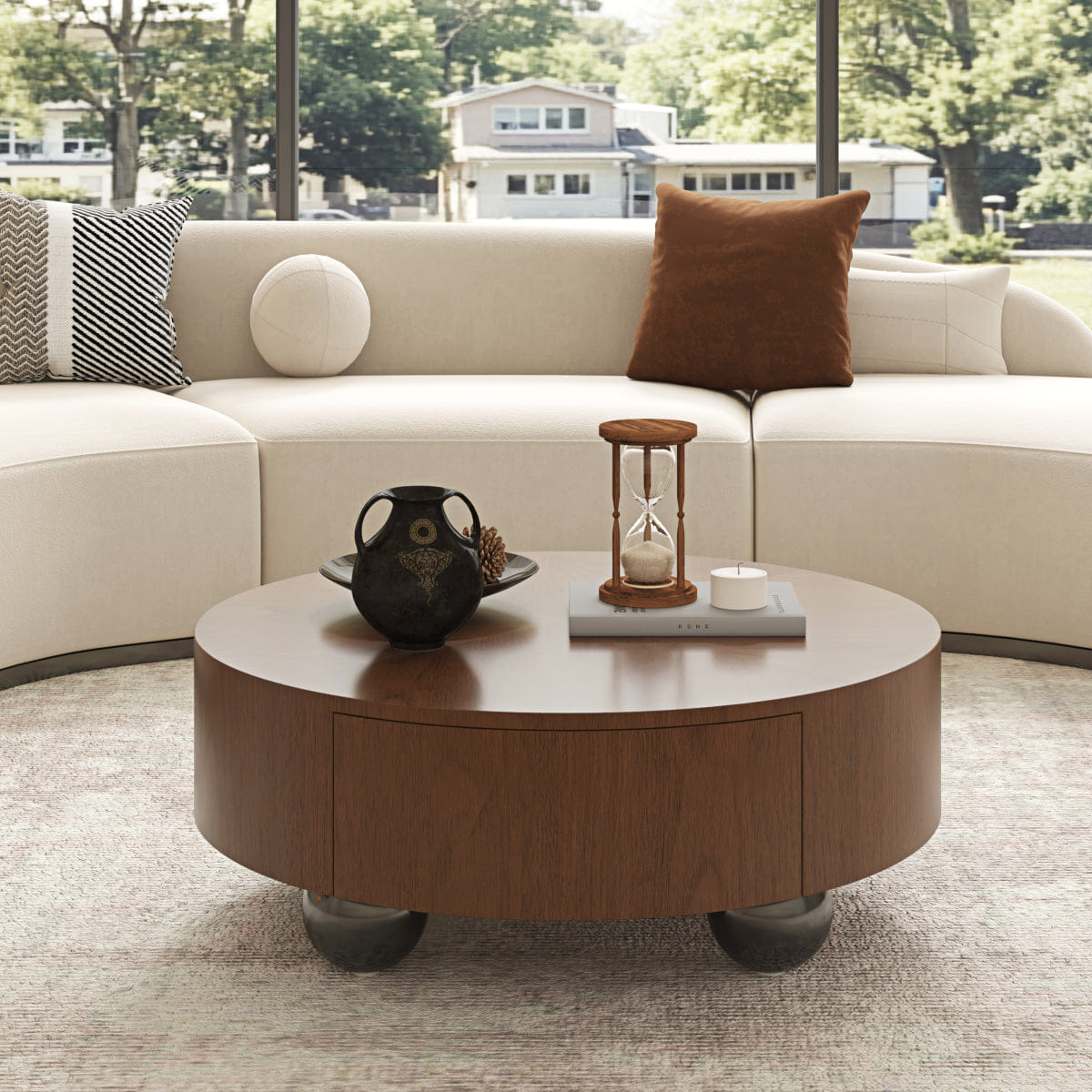 Hidden Streamdale Walnut Drum Coffee Table with Hidden Storage and Sphere Base, 35.43