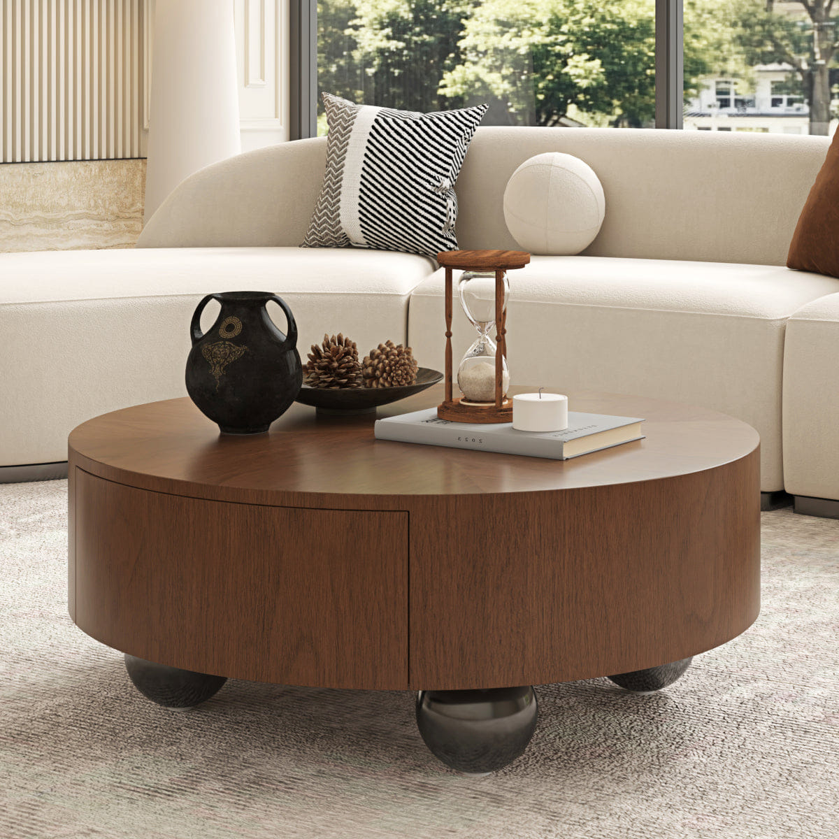 Hidden Streamdale Walnut Drum Coffee Table with Hidden Storage and Sphere Base, 35.43