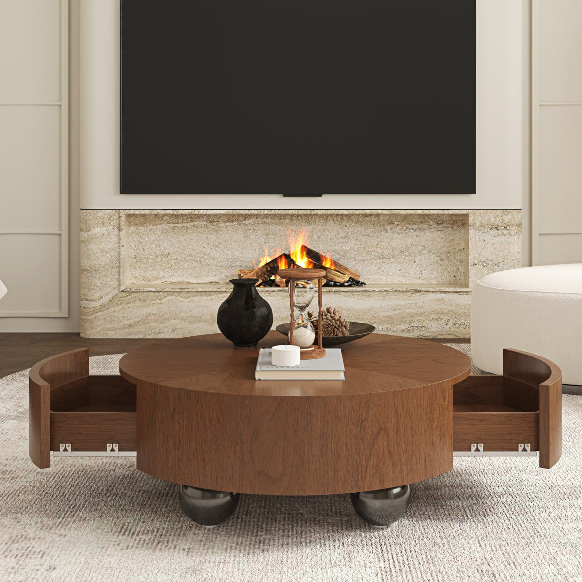 Hidden Streamdale Walnut Drum Coffee Table with Hidden Storage and Sphere Base, 35.43