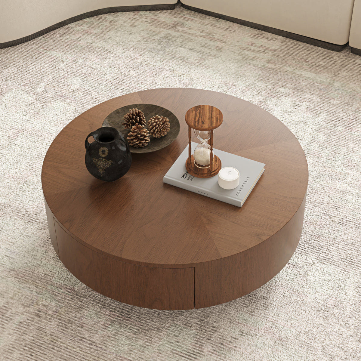 Hidden Streamdale Walnut Drum Coffee Table with Hidden Storage and Sphere Base, 35.43