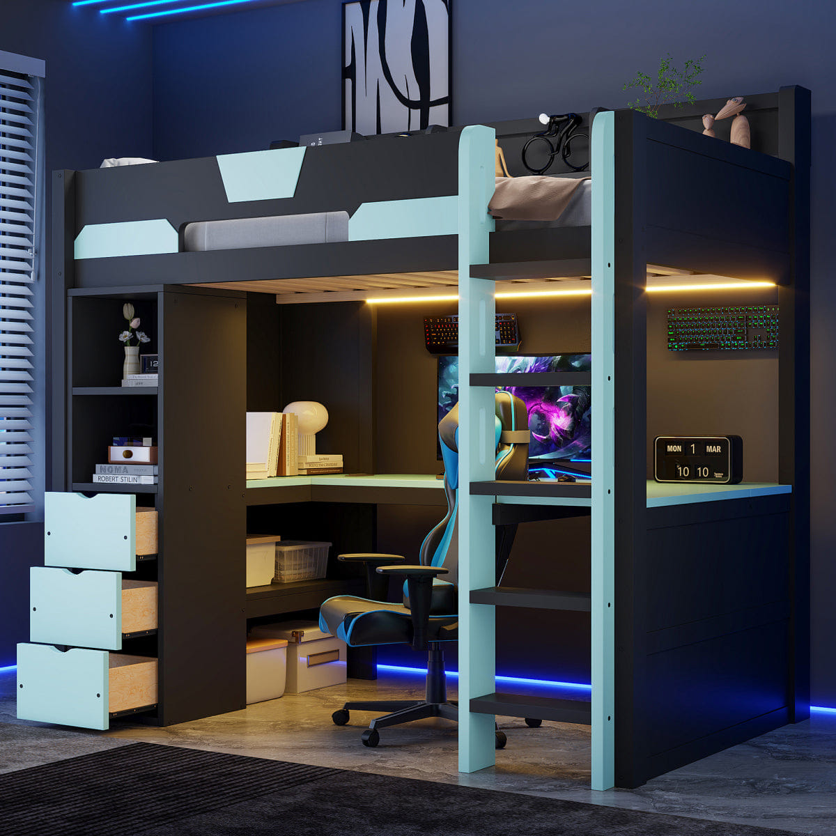Loft Streamdale Twin Wooden Gaming Loft Bed with Desk, RGB Lights & Drawers, Black/Blue