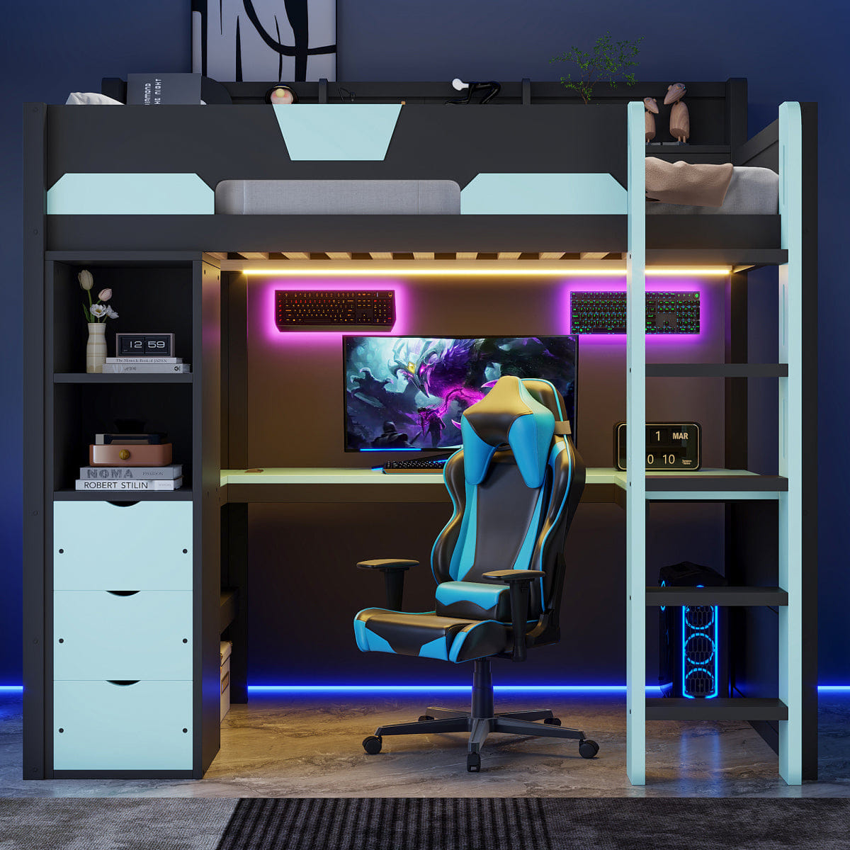 Loft Streamdale Twin Wooden Gaming Loft Bed with Desk, RGB Lights & Drawers, Black/Blue