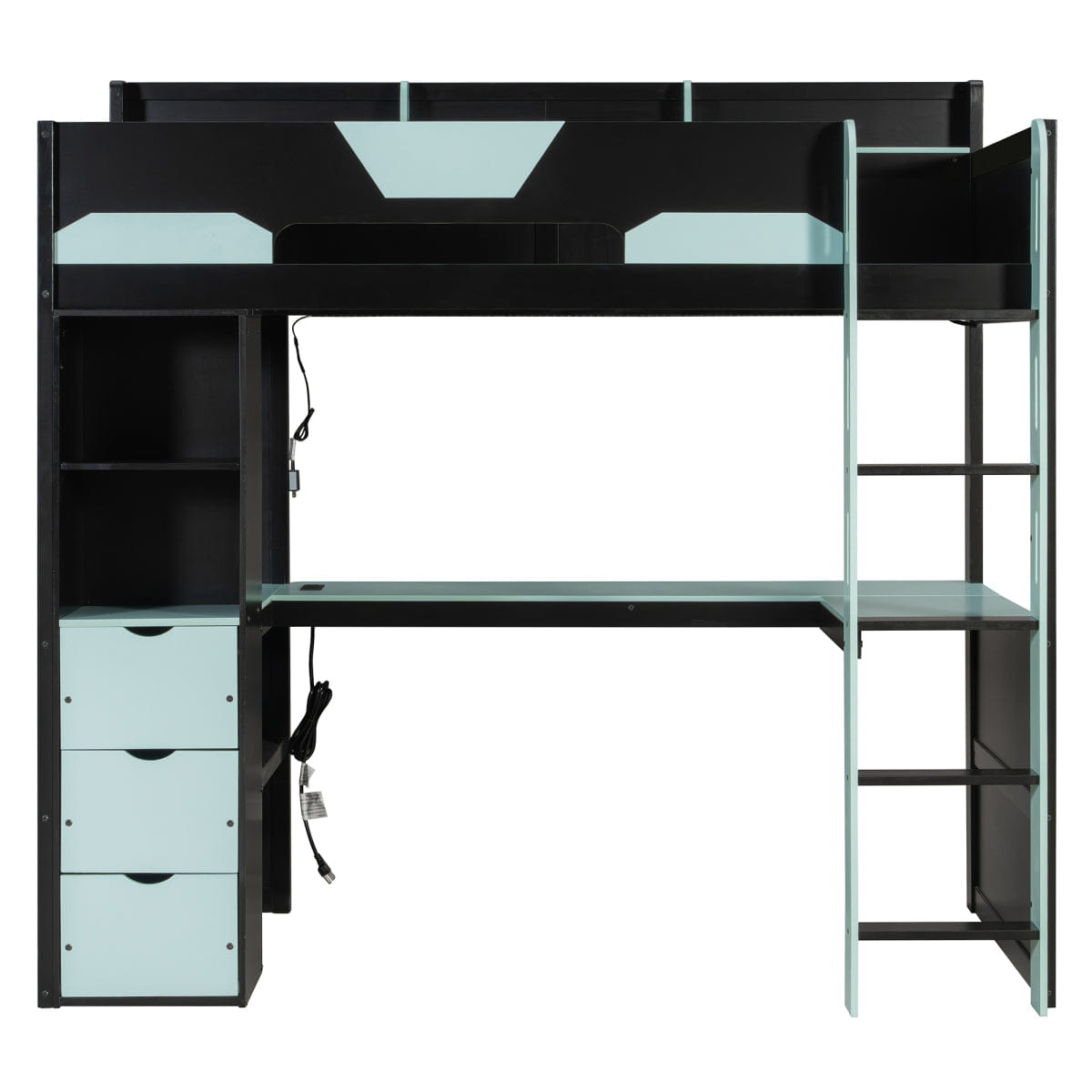 Loft Streamdale Twin Wooden Gaming Loft Bed with Desk, RGB Lights & Drawers, Black/Blue
