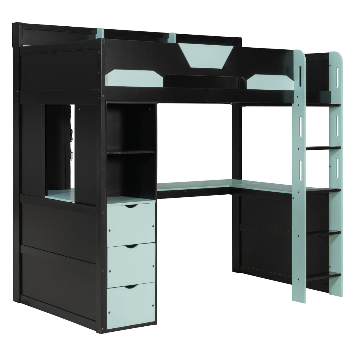 Loft Streamdale Twin Wooden Gaming Loft Bed with Desk, RGB Lights & Drawers, Black/Blue