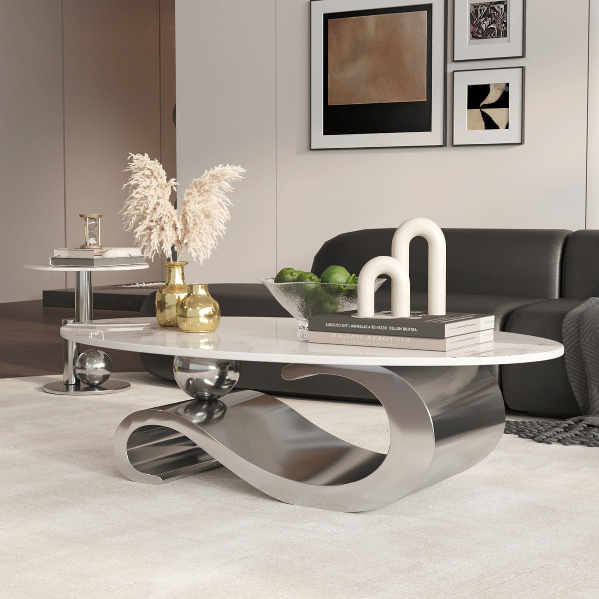 And Streamdale Silver Metal Coffee Table with Stainless Steel Pedestal and Faux Marble Top