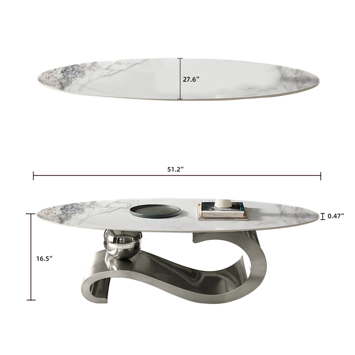 And Streamdale Silver Metal Coffee Table with Stainless Steel Pedestal and Faux Marble Top