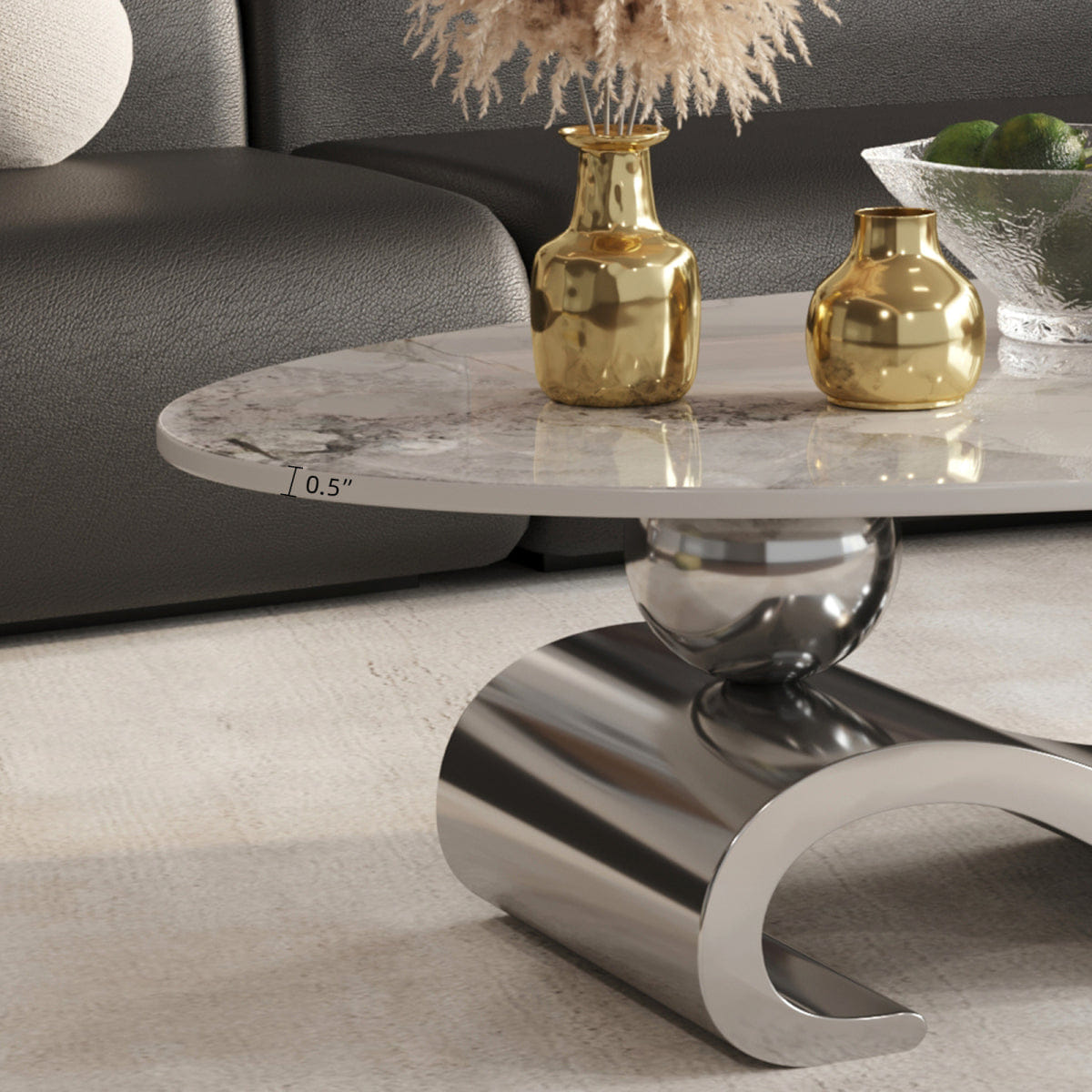 And Streamdale Silver Metal Coffee Table with Stainless Steel Pedestal and Faux Marble Top
