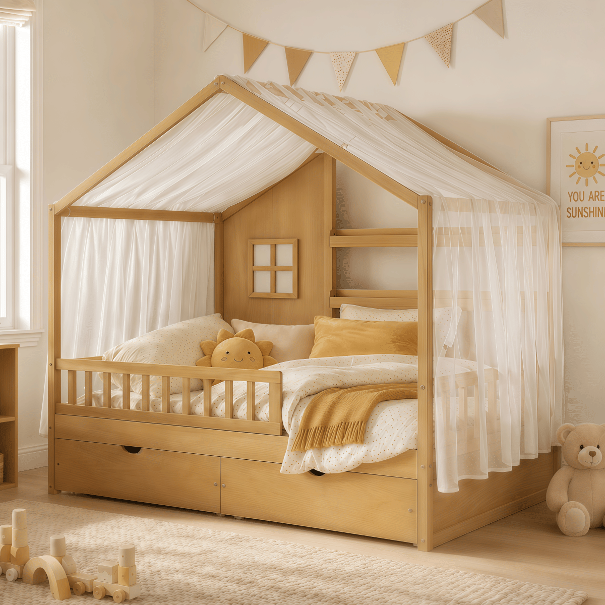 FLOOR Streamdale Kids Twin Montessori Floor Bed with Roof, Curtains & Storage Drawers, Natural
