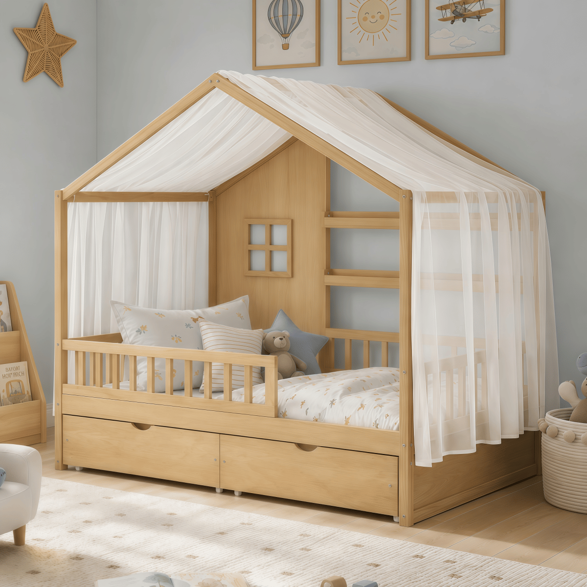 FLOOR Streamdale Kids Twin Montessori Floor Bed with Roof, Curtains & Storage Drawers, Natural