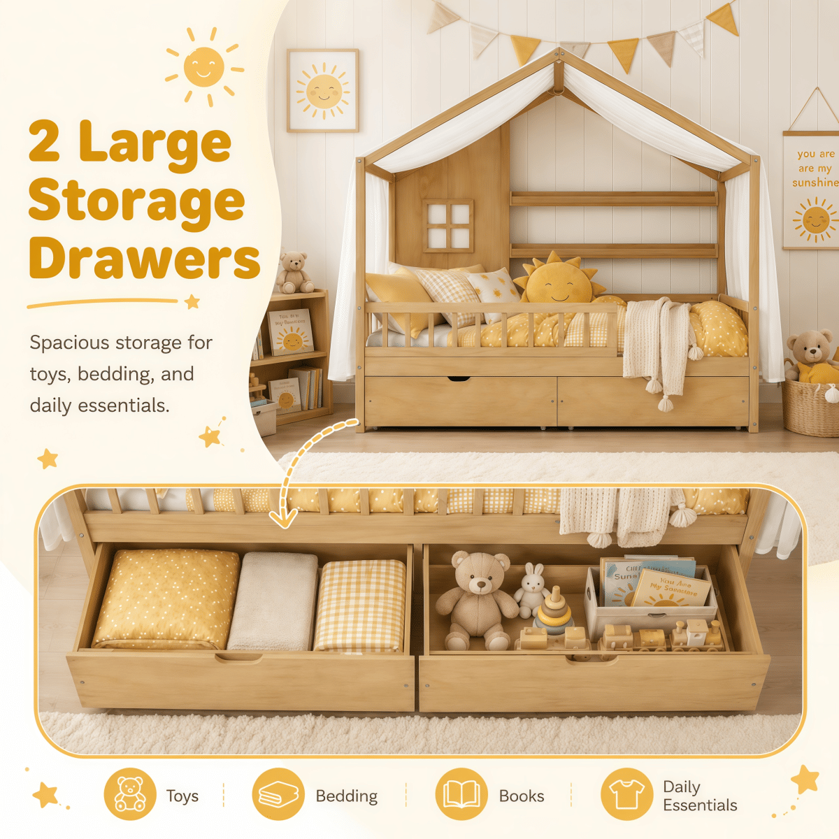 FLOOR Streamdale Kids Twin Montessori Floor Bed with Roof, Curtains & Storage Drawers, Natural