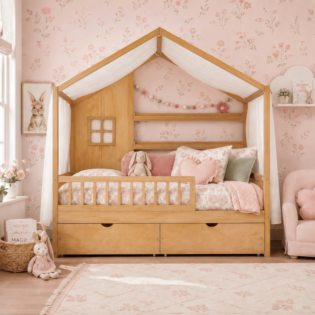 FLOOR Streamdale Kids Twin Montessori Floor Bed with Roof, Curtains & Storage Drawers, Natural