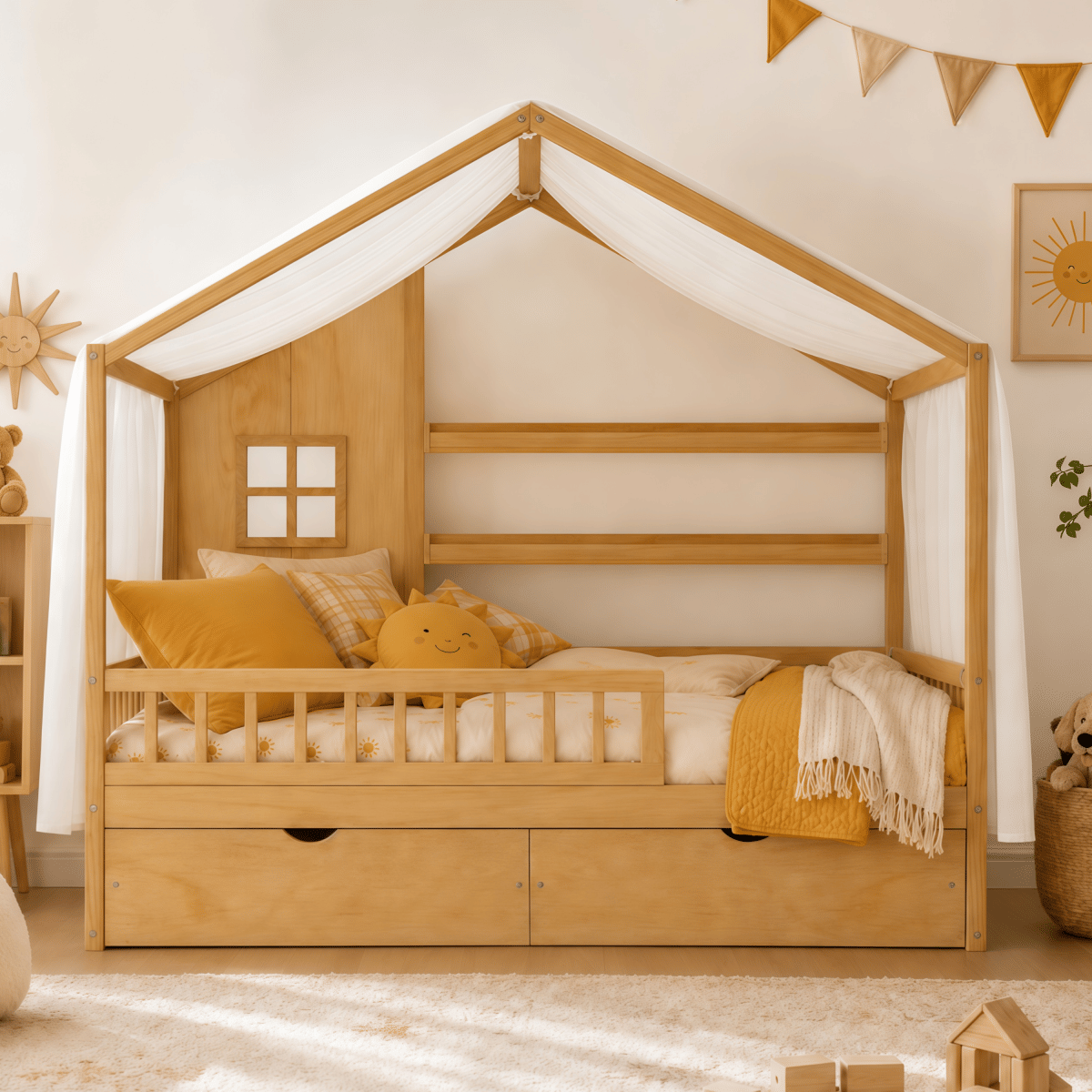 FLOOR Streamdale Kids Twin Montessori Floor Bed with Roof, Curtains & Storage Drawers, Natural