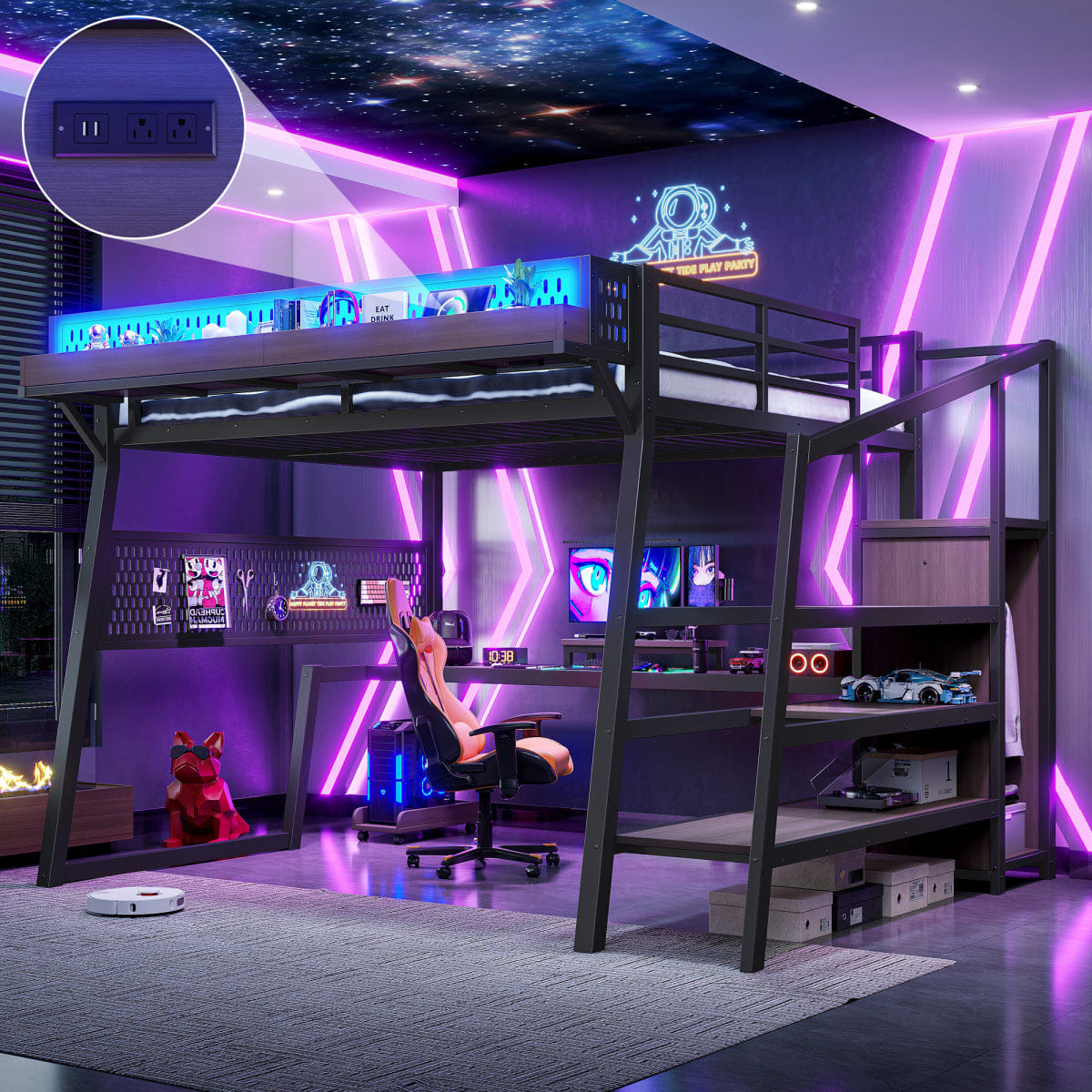 Loft Streamdale Queen Loft Bed with Storage Stairs, Wardrobe, LED Lights & USB, Black