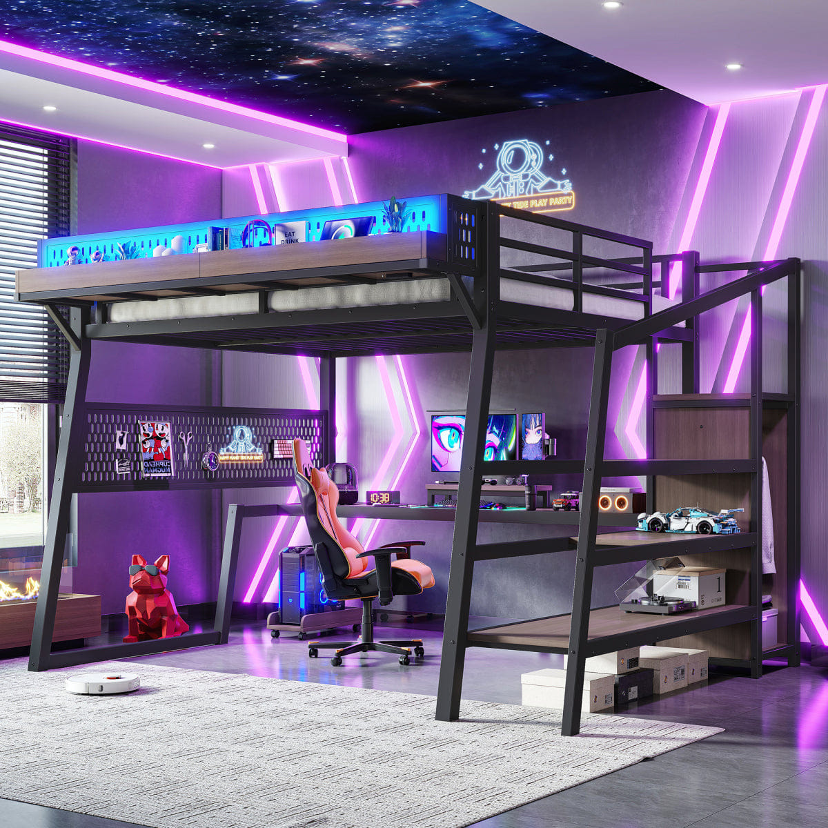 Loft Streamdale Queen Loft Bed with Storage Stairs, Wardrobe, LED Lights & USB, Black