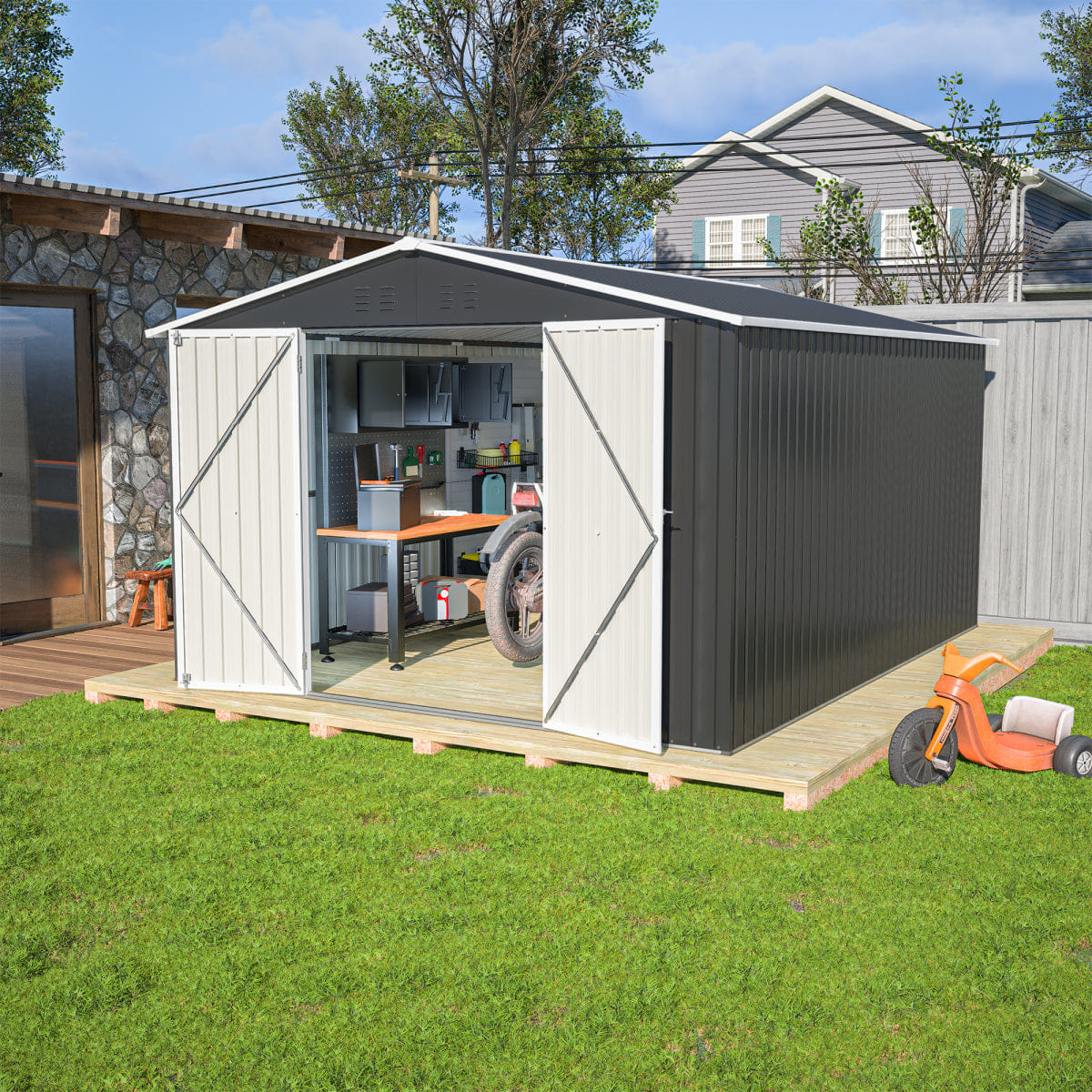 OUTDOOR Streamdale Outdoor Storage Shed 10x12 FT with Lockable Doors, Black