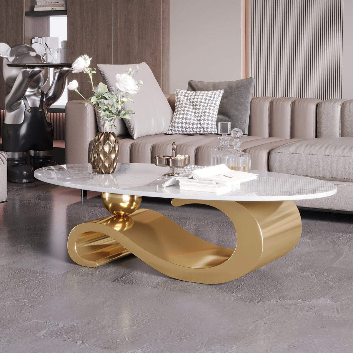 And Streamdale Gold Metal Coffee Table with Stainless Steel Pedestal and Faux Marble Top