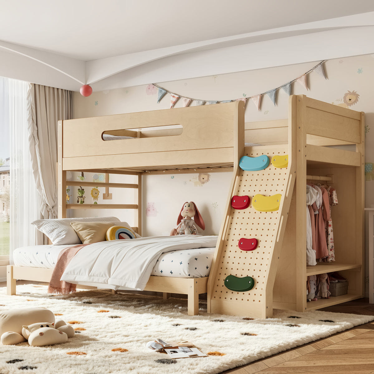 !SOLID Streamdale Twin XL/Queen Solid Wood Bunk Bed with Wardrobe and Rock Climbing Wall