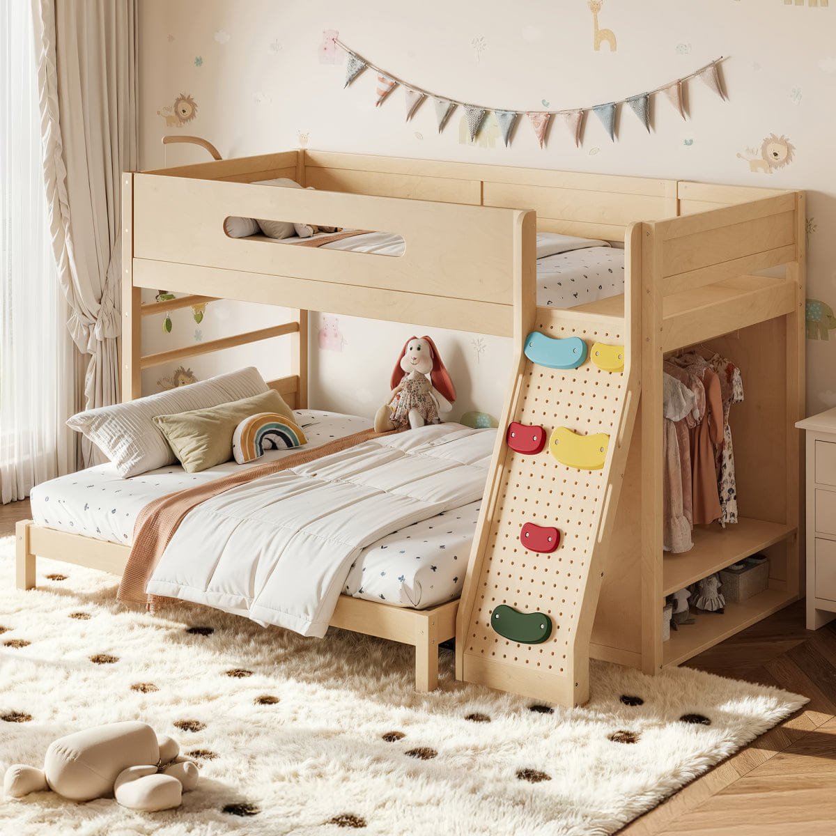 !SOLID Streamdale Twin XL/Queen Solid Wood Bunk Bed with Wardrobe and Rock Climbing Wall