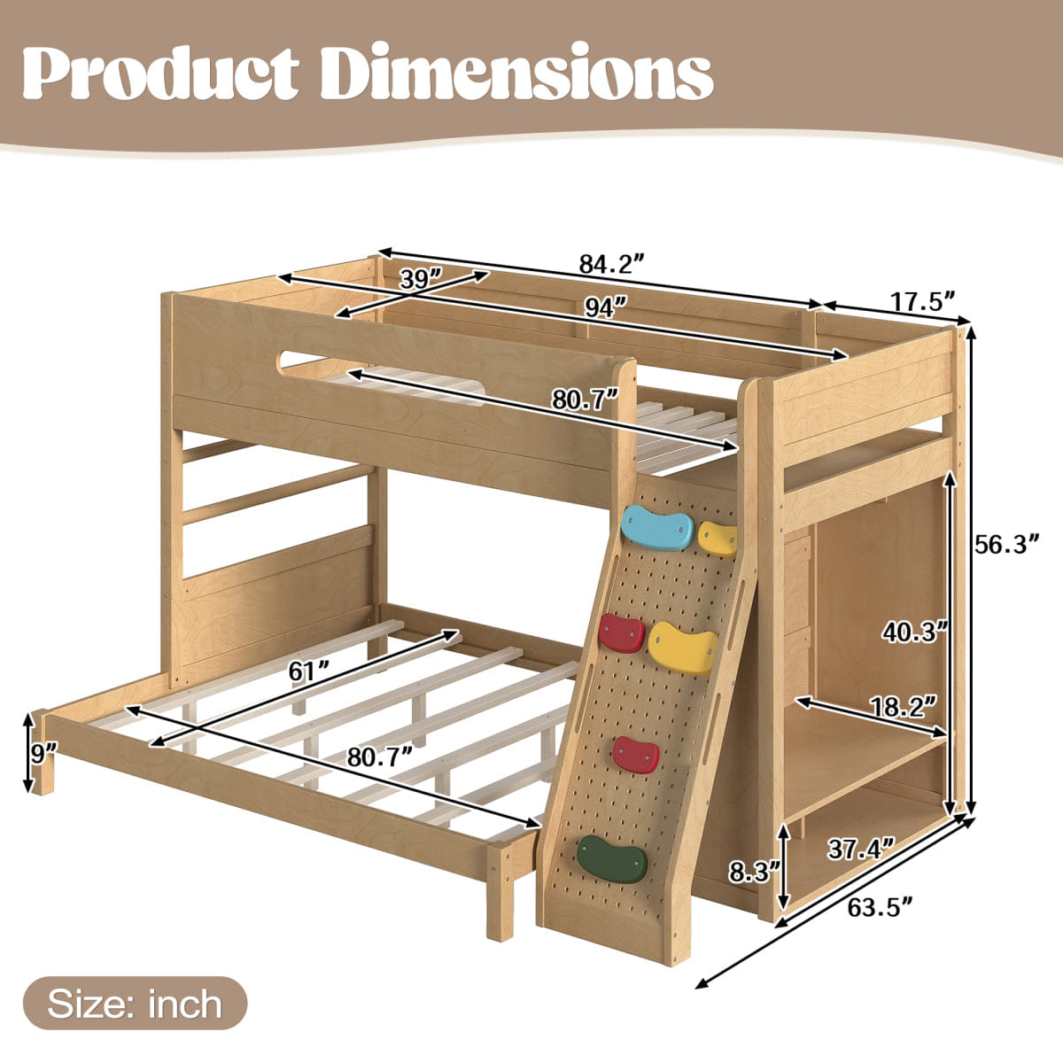 !SOLID Streamdale Twin XL/Queen Solid Wood Bunk Bed with Wardrobe and Rock Climbing Wall