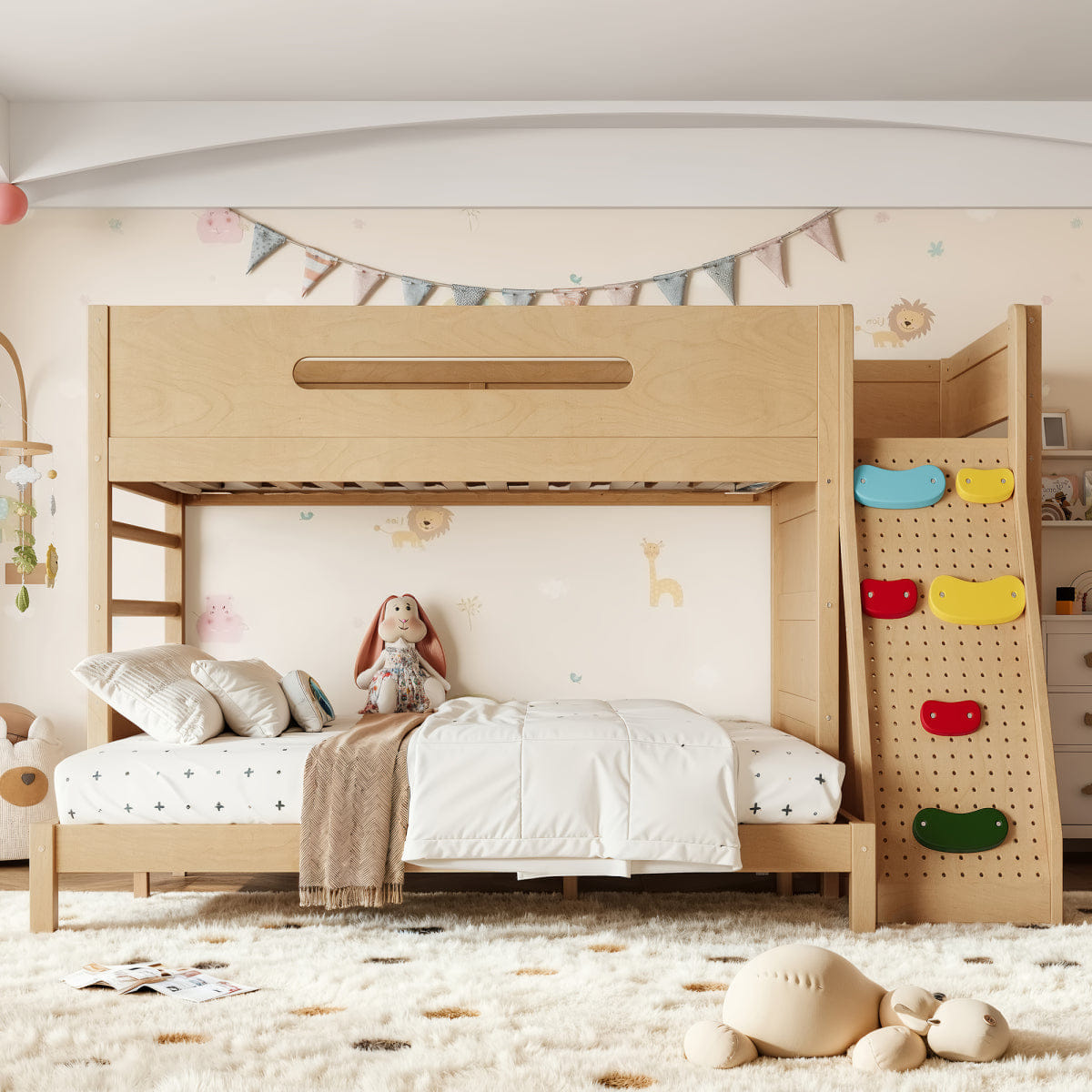 !SOLID Streamdale Twin XL/Queen Solid Wood Bunk Bed with Wardrobe and Rock Climbing Wall