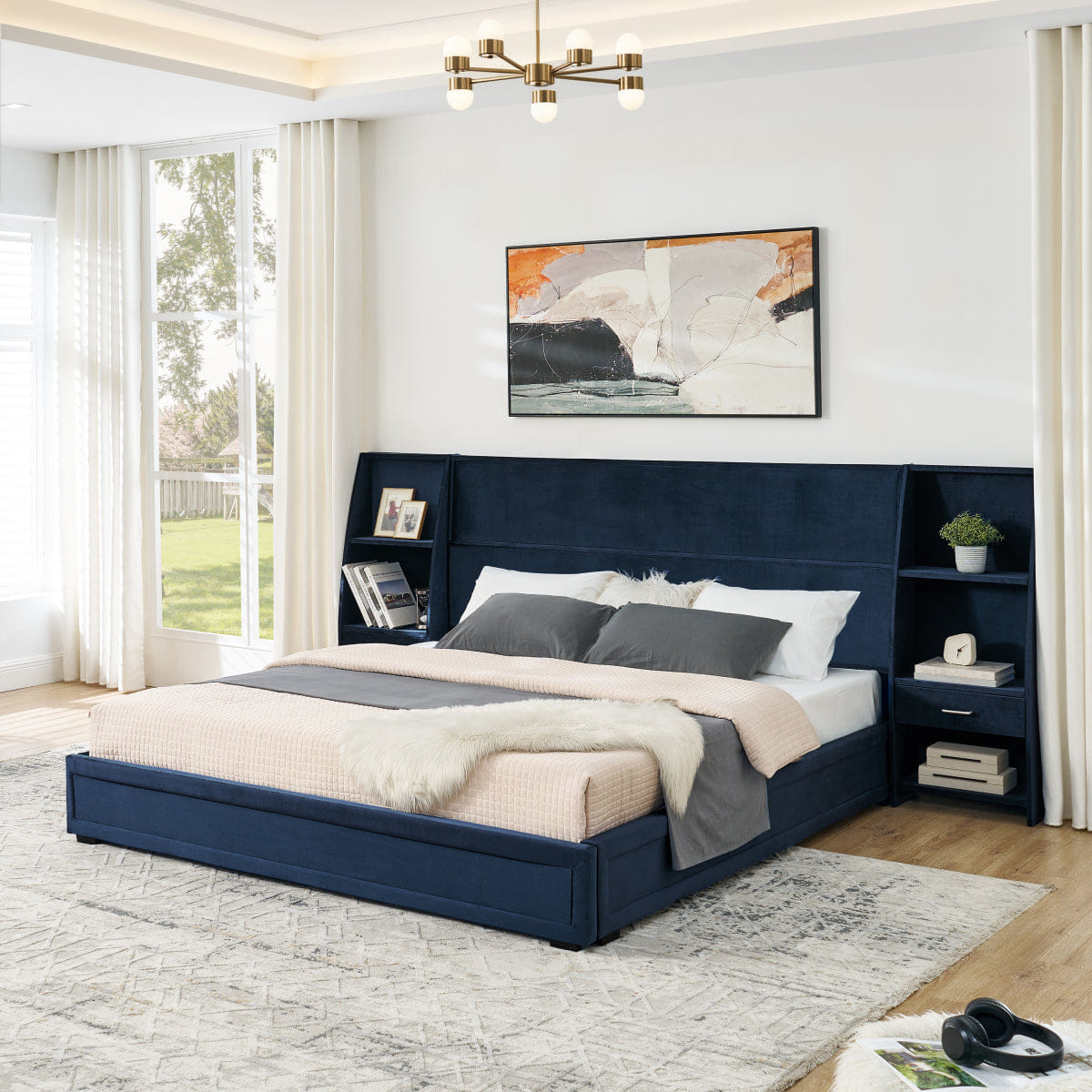 Velvet Streamdale King Size Velvet Storage Platform Bed with Bookcases & Drawer - Dark Blue