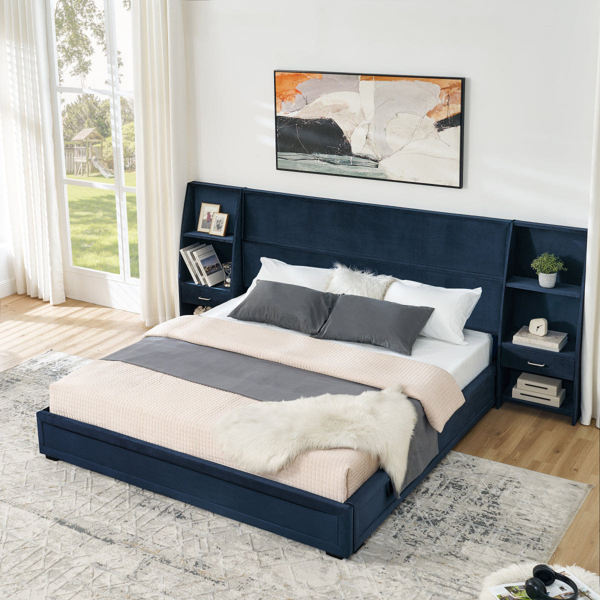 Velvet Streamdale King Size Velvet Storage Platform Bed with Bookcases & Drawer - Dark Blue