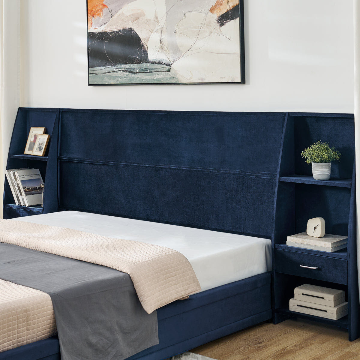 Velvet Streamdale King Size Velvet Storage Platform Bed with Bookcases & Drawer - Dark Blue