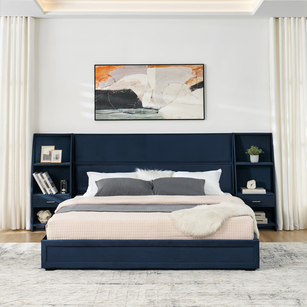 Velvet Streamdale King Size Velvet Storage Platform Bed with Bookcases & Drawer - Dark Blue