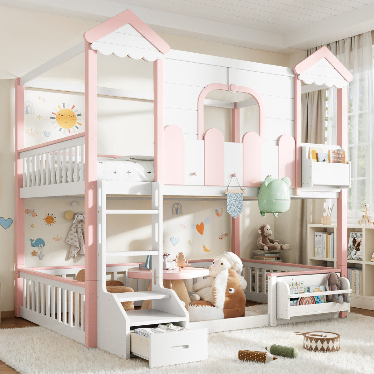WHITE* Streamdale Full/Full House Bunk Bed with Storage, Roof, and Window, White & Pink