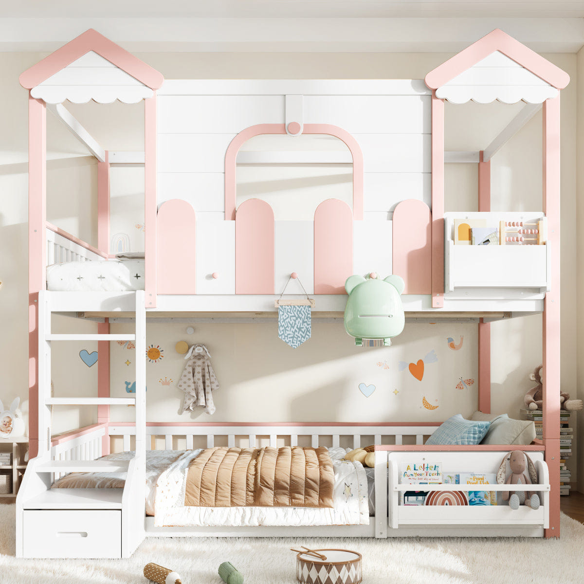 WHITE* Streamdale Full/Full House Bunk Bed with Storage, Roof, and Window, White & Pink