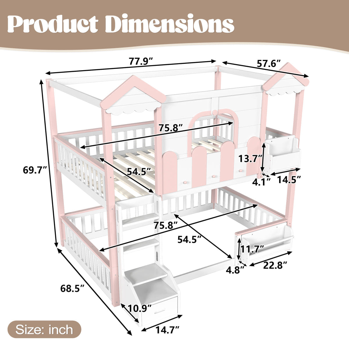 WHITE* Streamdale Full/Full House Bunk Bed with Storage, Roof, and Window, White & Pink