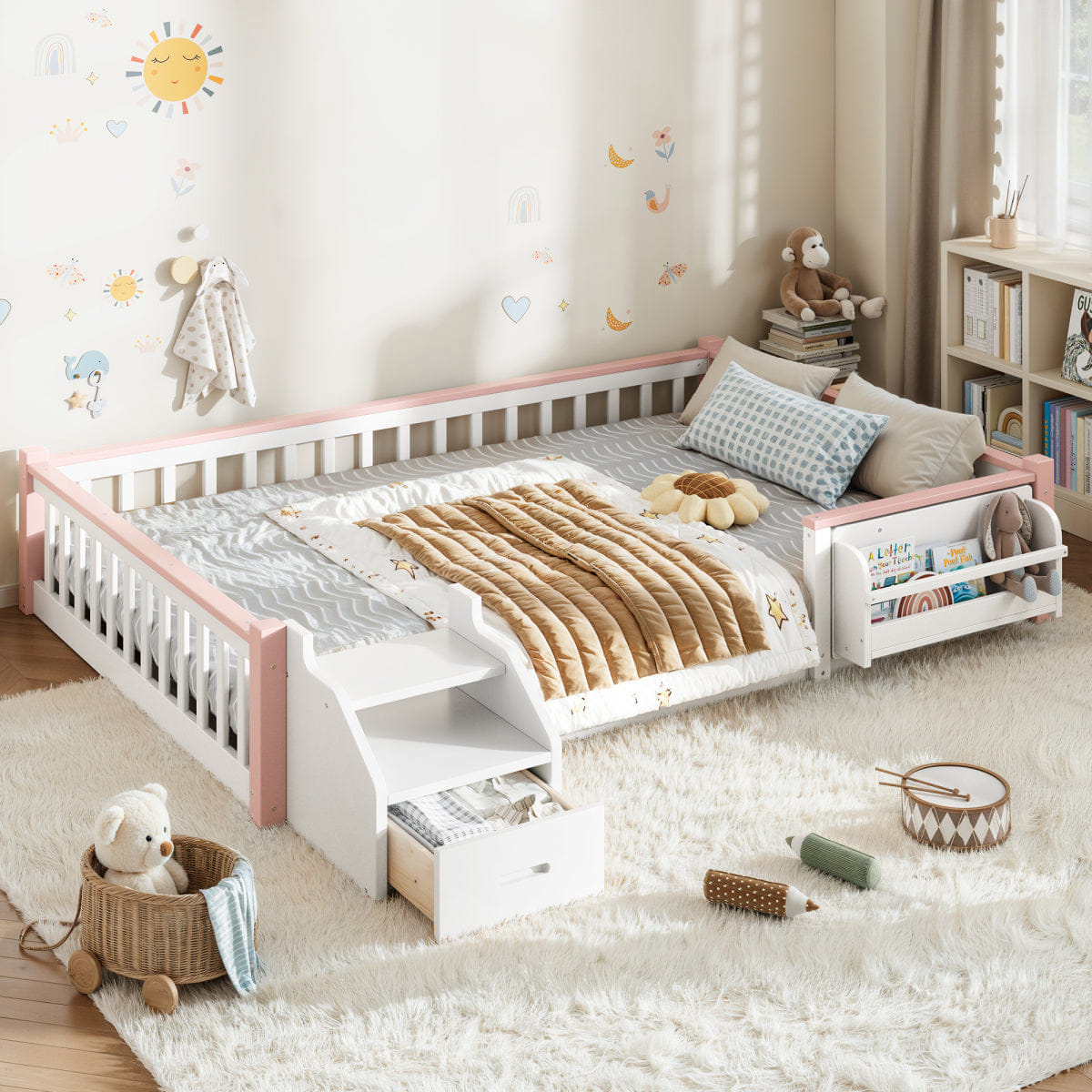 WHITE* Streamdale Full/Full House Bunk Bed with Storage, Roof, and Window, White & Pink