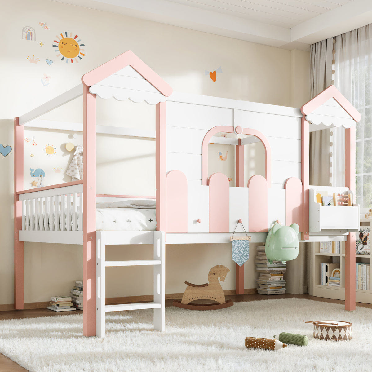 WHITE* Streamdale Full/Full House Bunk Bed with Storage, Roof, and Window, White & Pink