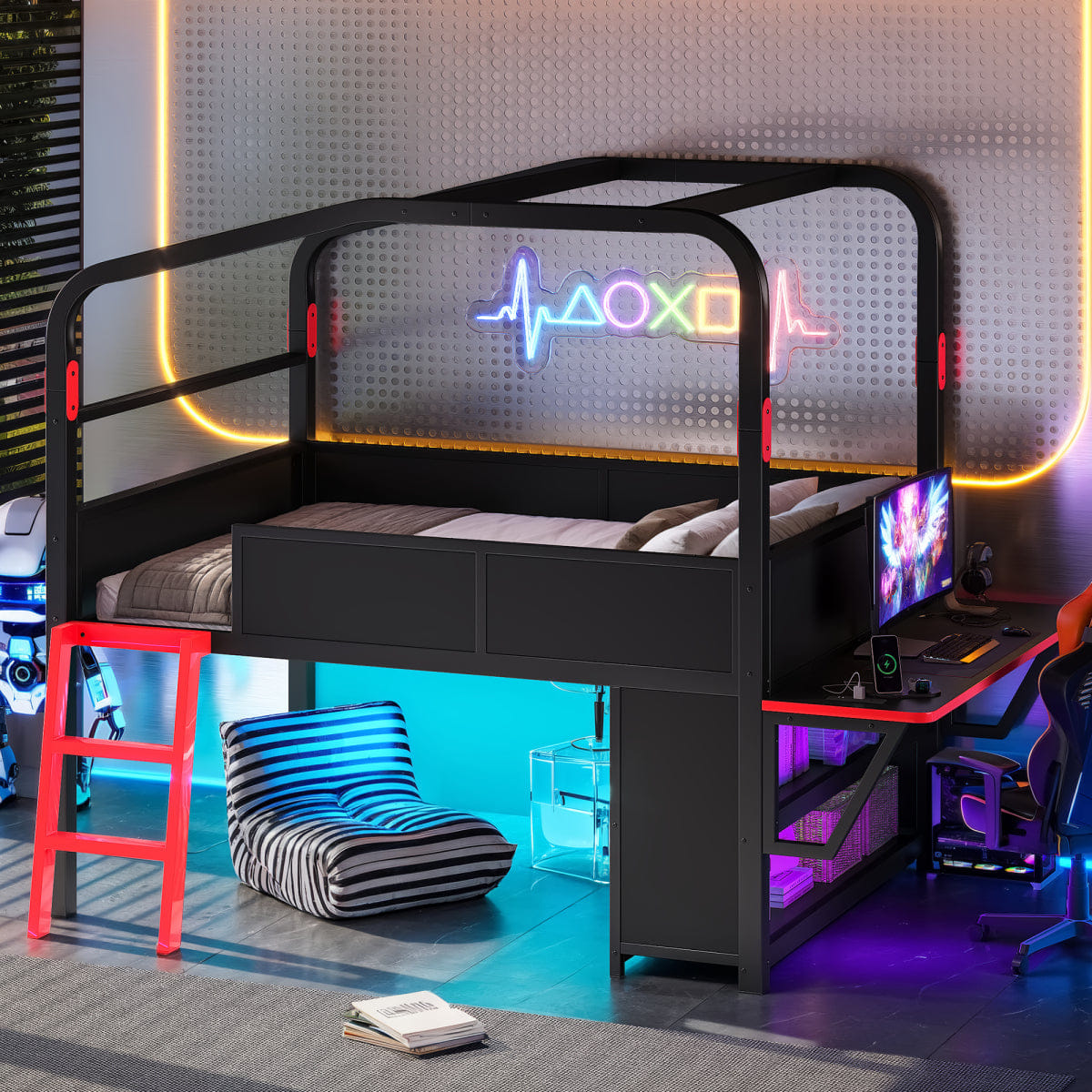 Loft Streamdale Full Size Metal Low Loft Bed with Desk, LED Lights, and Storage Cabinets
