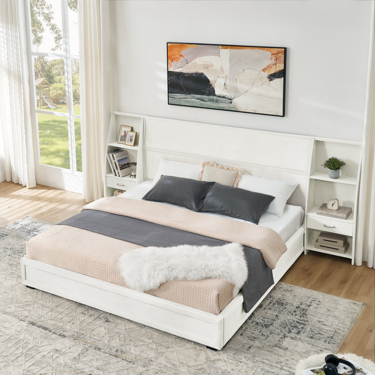 Velvet Streamdale Queen Velvet Storage Platform Bed with Bookcases & Drawer, Beige