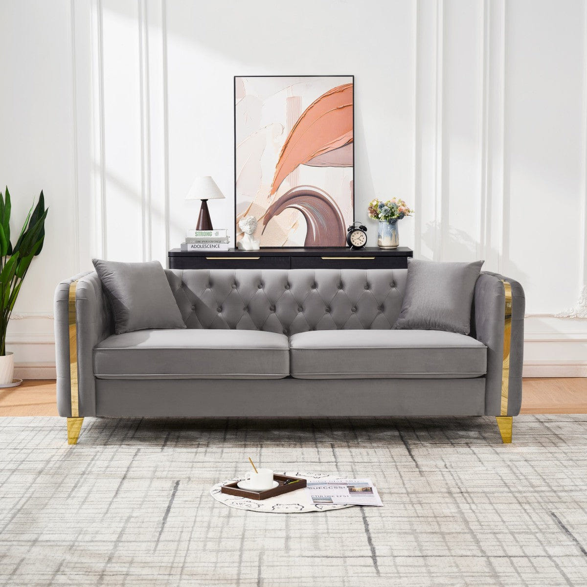 Chesterfield Streamdale 81" Velvet Chesterfield Sofa with Gold Legs, Grey