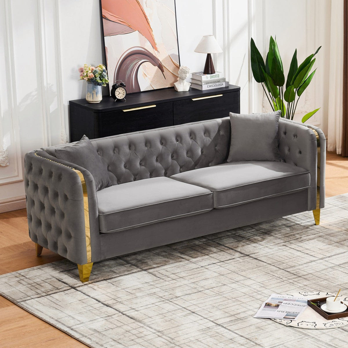 Chesterfield Streamdale 81" Velvet Chesterfield Sofa with Gold Legs, Grey