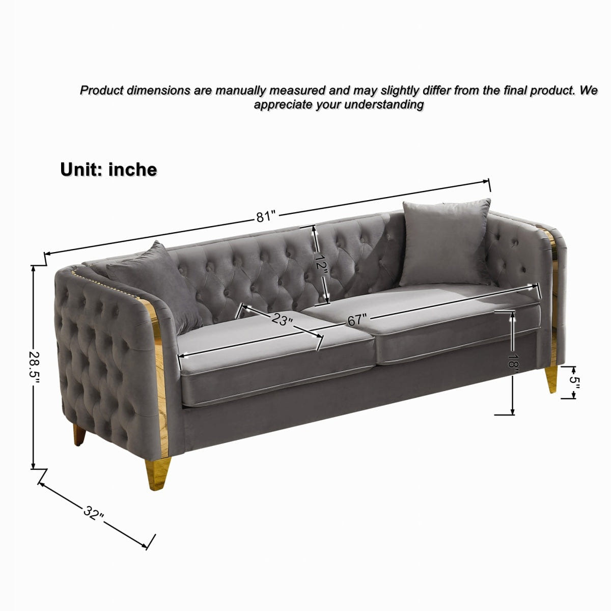 Chesterfield Streamdale 81" Velvet Chesterfield Sofa with Gold Legs, Grey