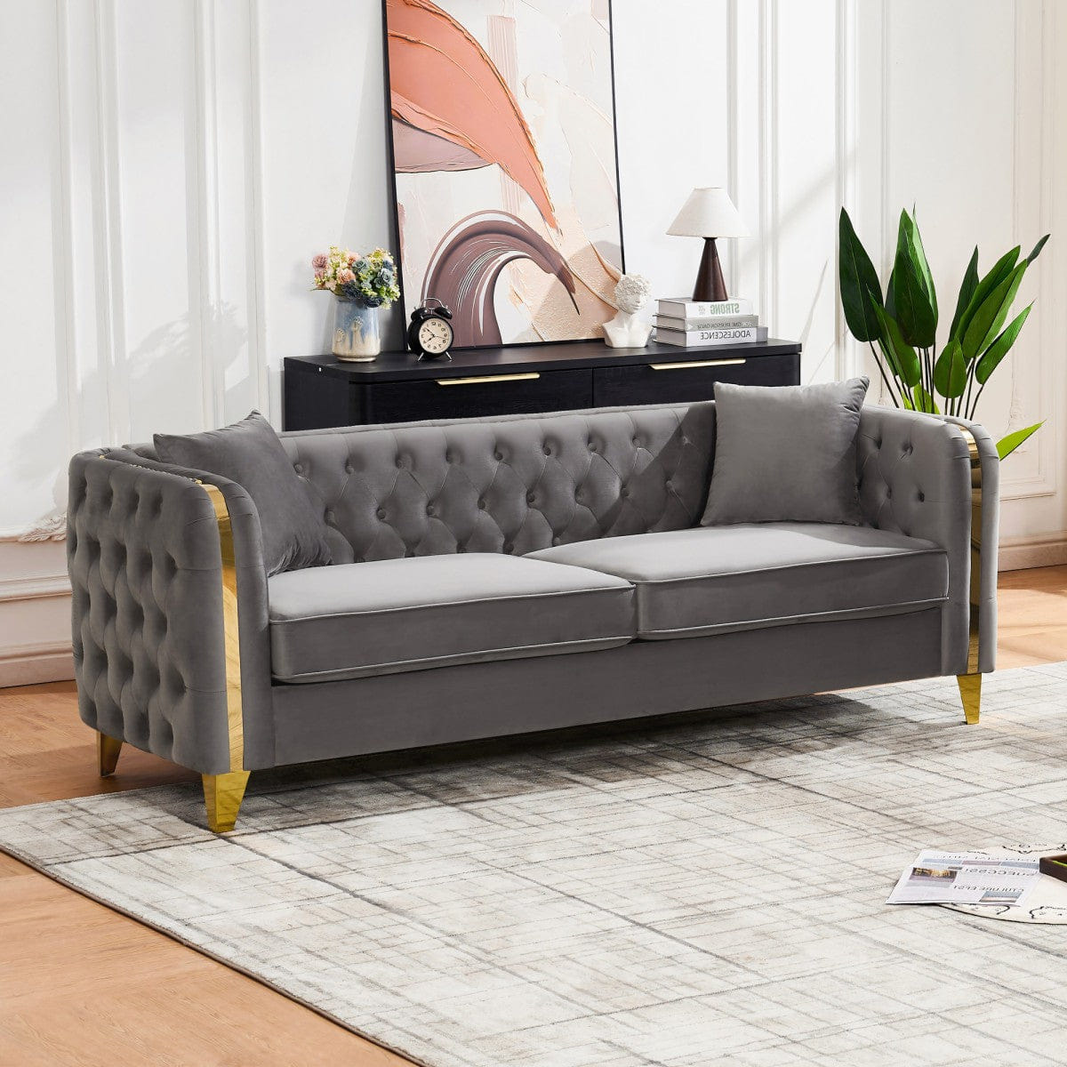 Chesterfield Streamdale 81" Velvet Chesterfield Sofa with Gold Legs, Grey
