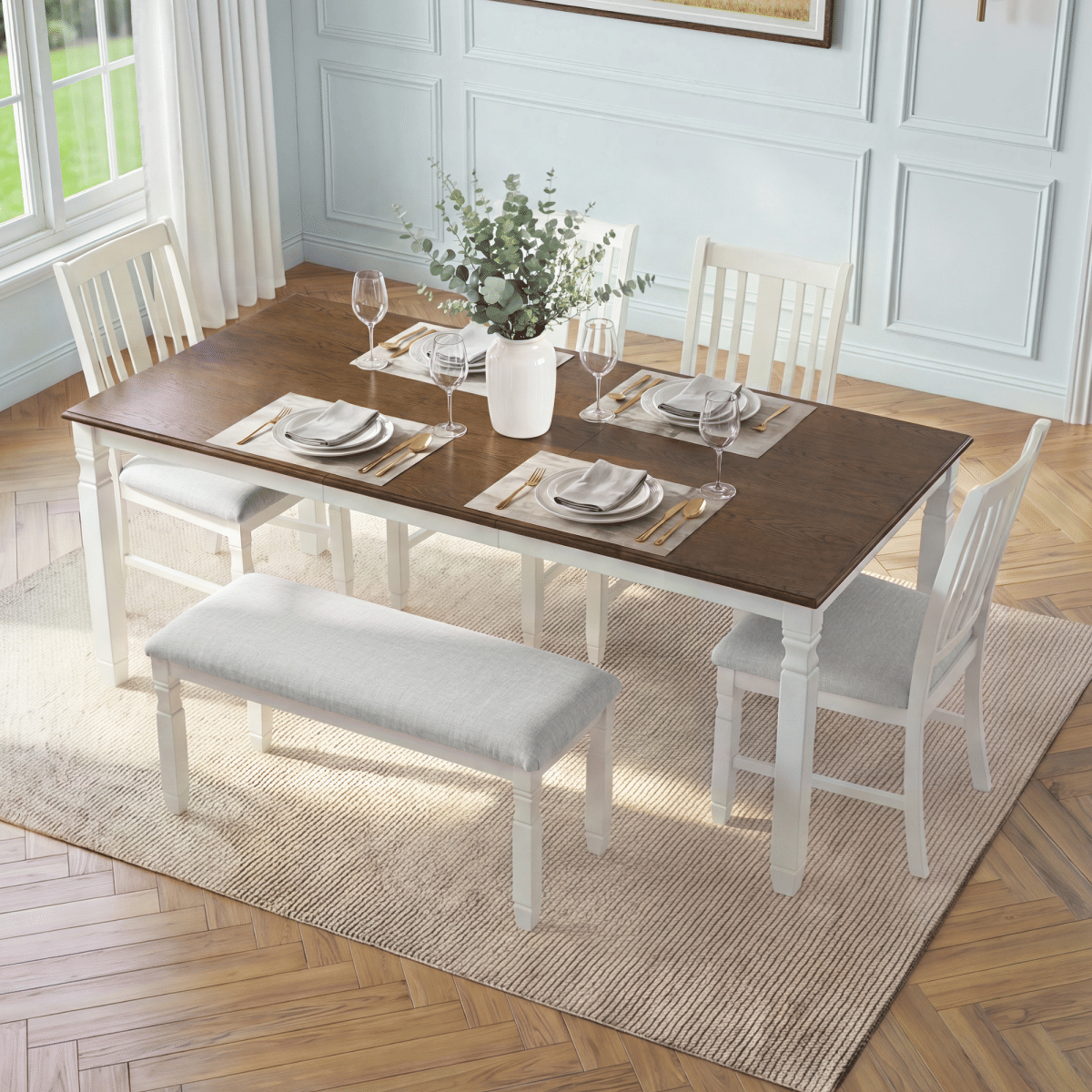 And Streamdale 6 - Piece Modern Farmhouse Extendable Dining Table Set with 4 Chairs and 1 Bench