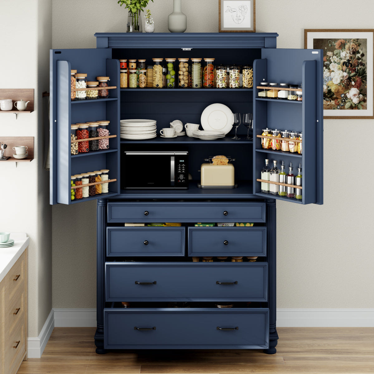 Blue Streamdale Freestanding Large Kitchen Pantry Tall Storage Cabinet, Blue