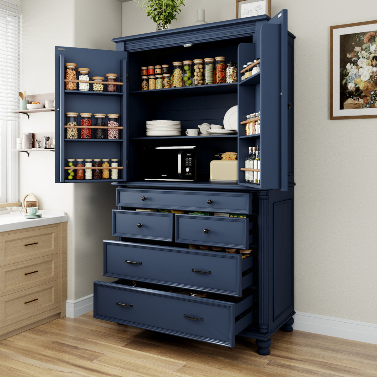 Blue Streamdale Freestanding Large Kitchen Pantry Tall Storage Cabinet, Blue
